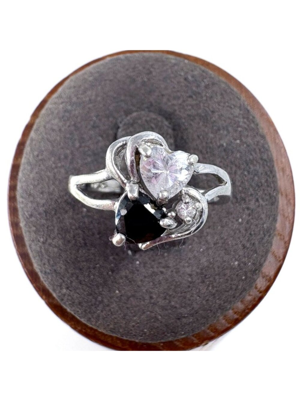 Heart Black & White Cubic Zirconia Statement Ring Sterling Silver 925 Size 6.5